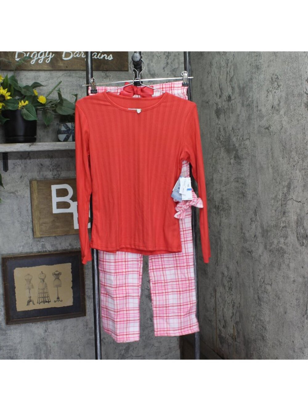 Max and Olivia Pajama Sleep Shirt Pants Headband Set Red Pink Multi XL (14-16)